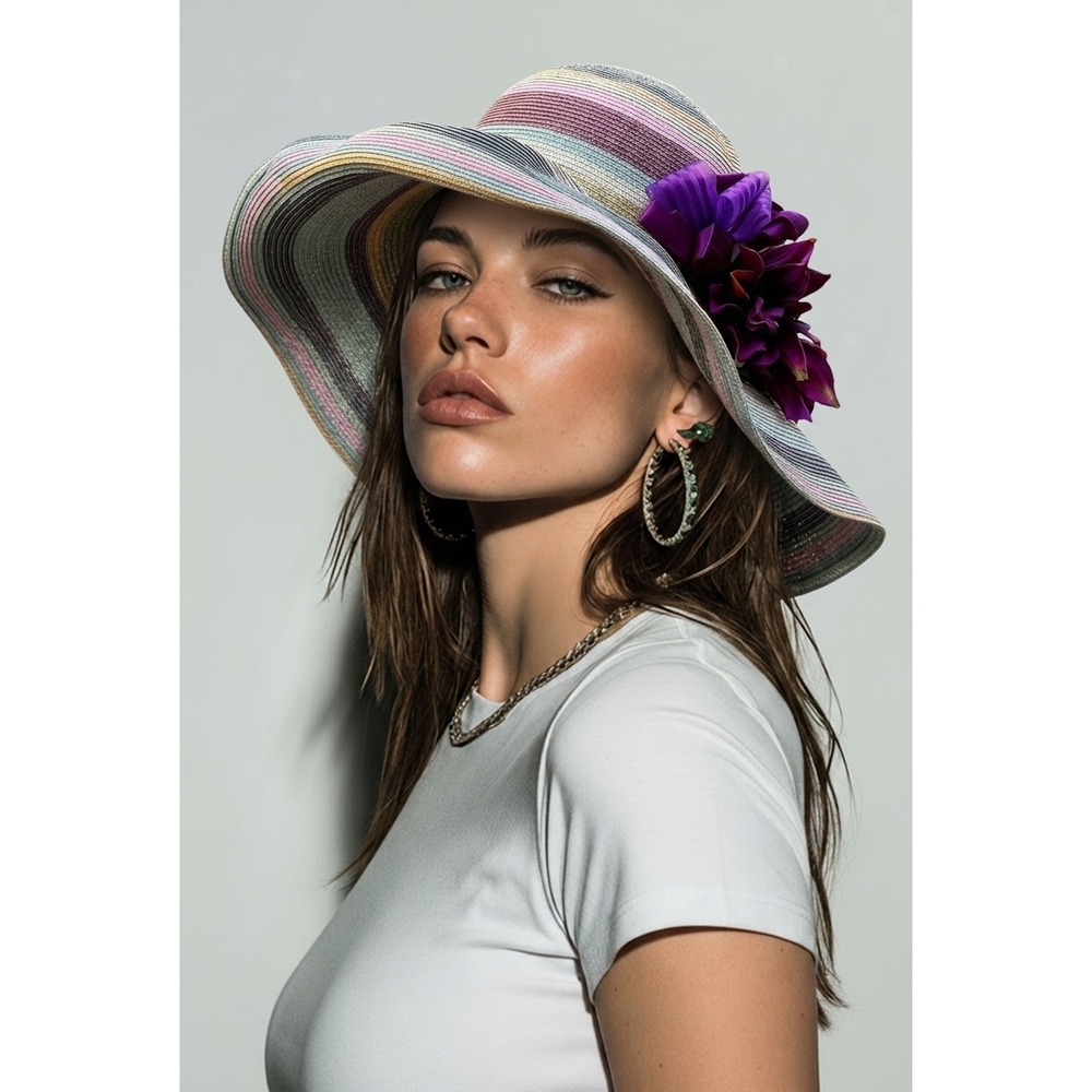 San Diego Hat Co Womens Multi Stripe Floppy Sun Hat Purple Floral Wide Brim O/S
